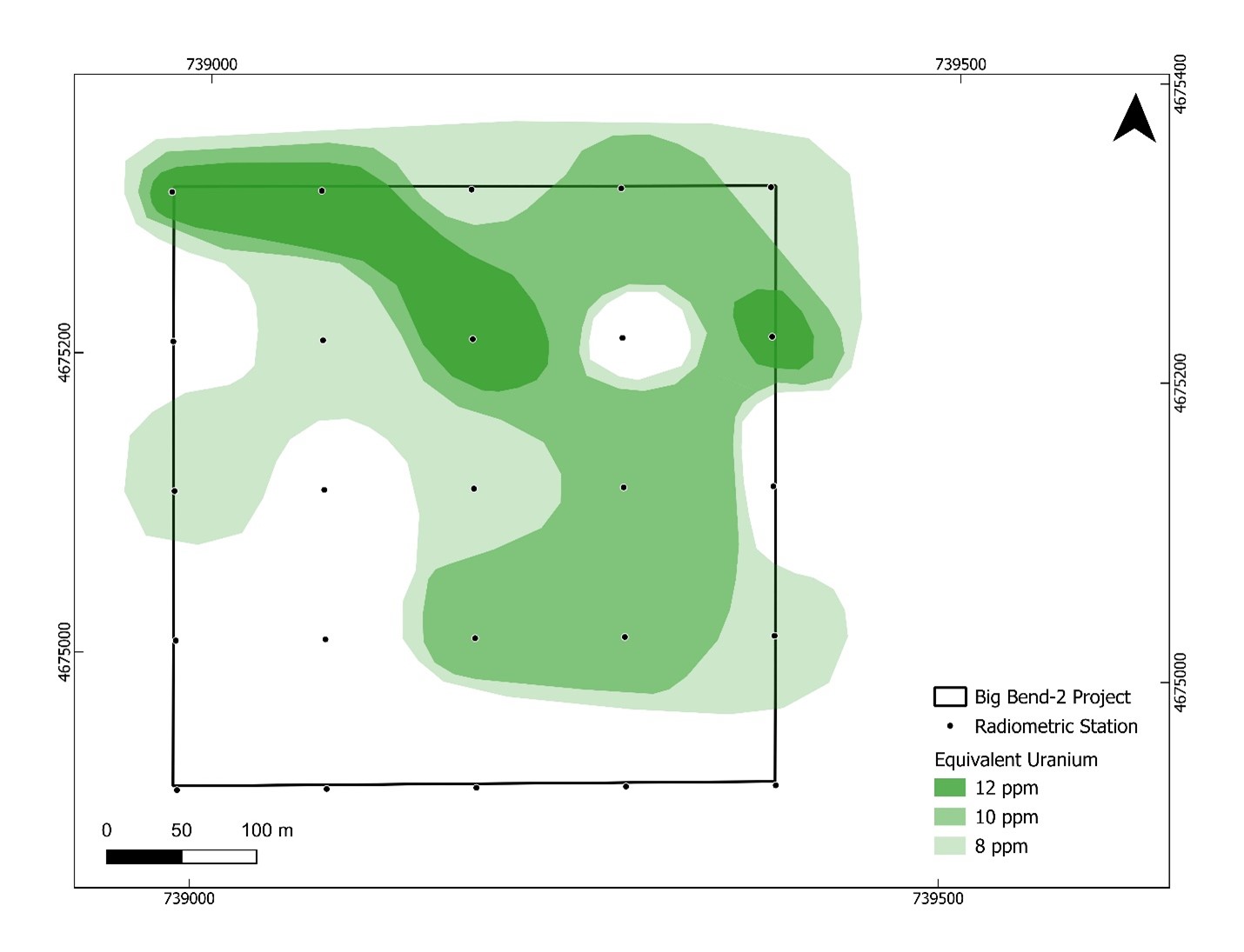 The Big Bend-2 claim with equivalent uranium contours. Moderate but consistent uranium levels are displayed, with a few elevated zones that offer secondary targets for further exploration.