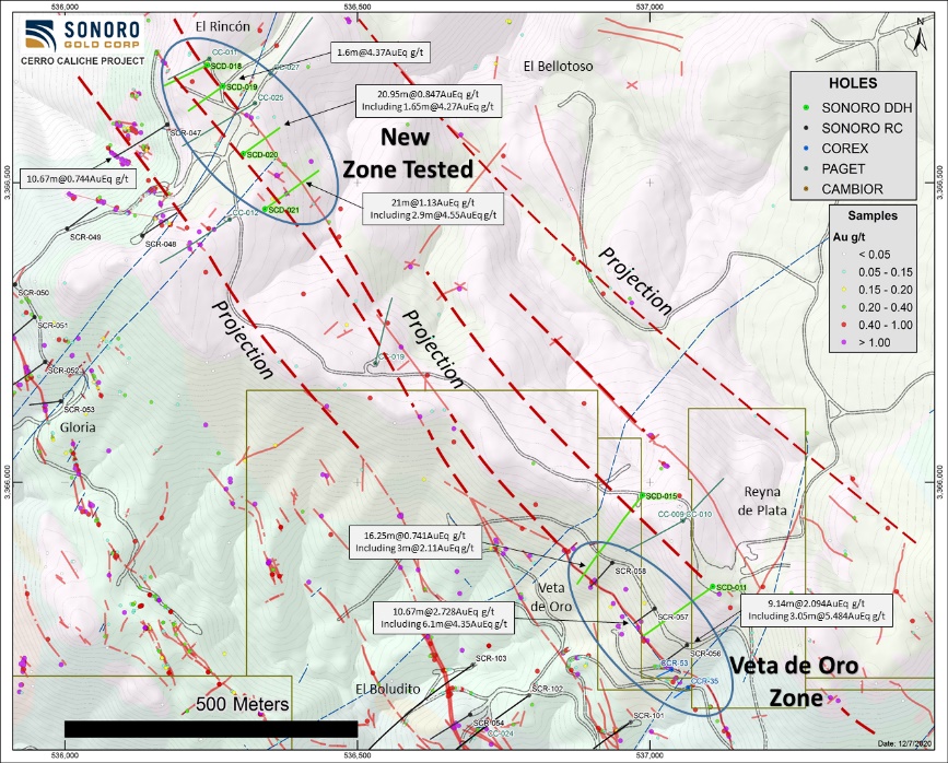 Sonoro Gold Corp.: El Rincon & Veta de Oro Zones: Selected Intercepts from Current & Earlier Drilling