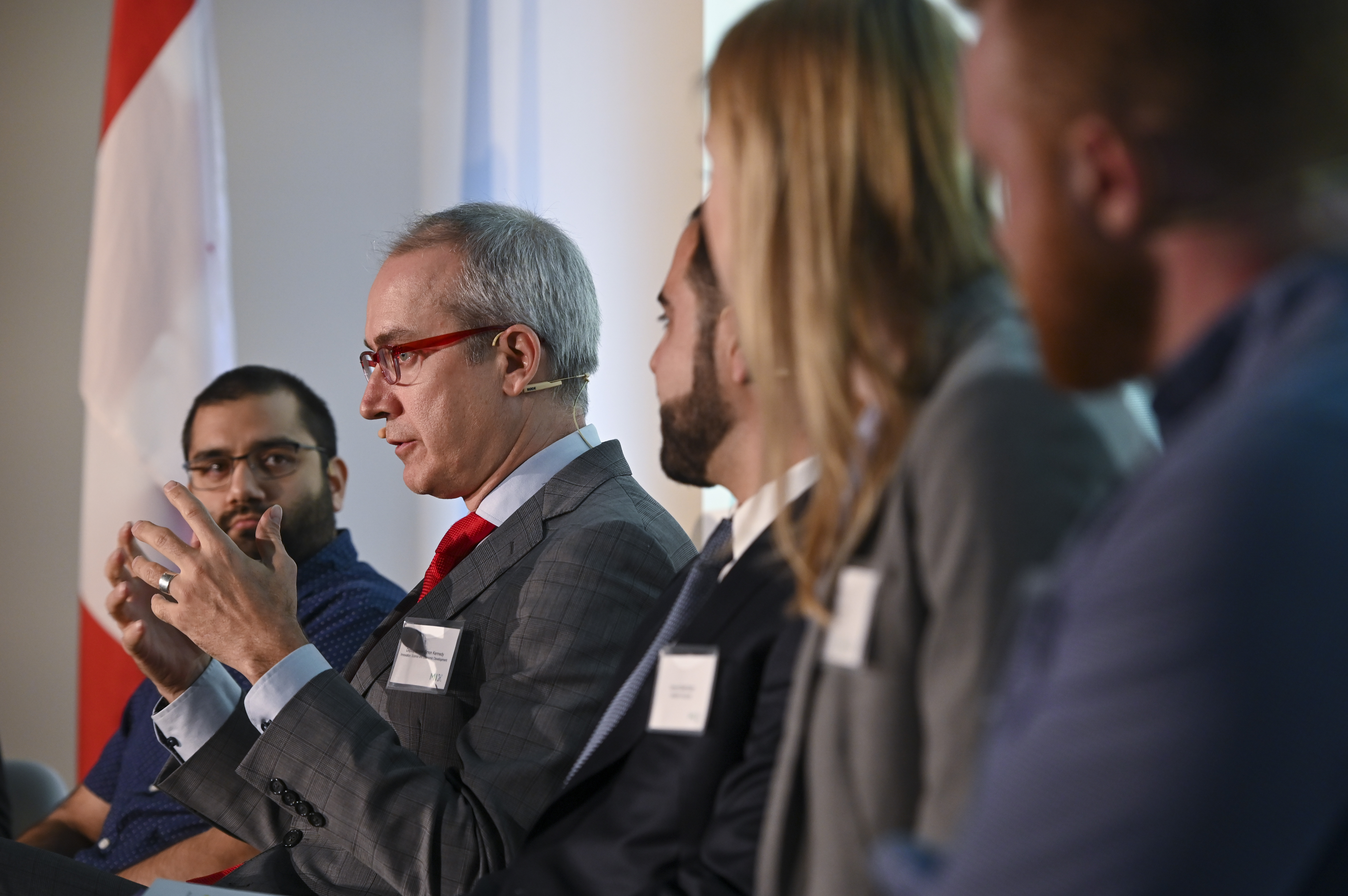 Simon Kennedy (Second from left), Deputy Minister, Innovation, Science & Economic Development, speaks at the MIX Grand Opening Roundtable, Kitchener, Ontario, Friday, January 10, 2020.  The Canadian Press Images PHOTO/Intellijoint Surgical Inc.