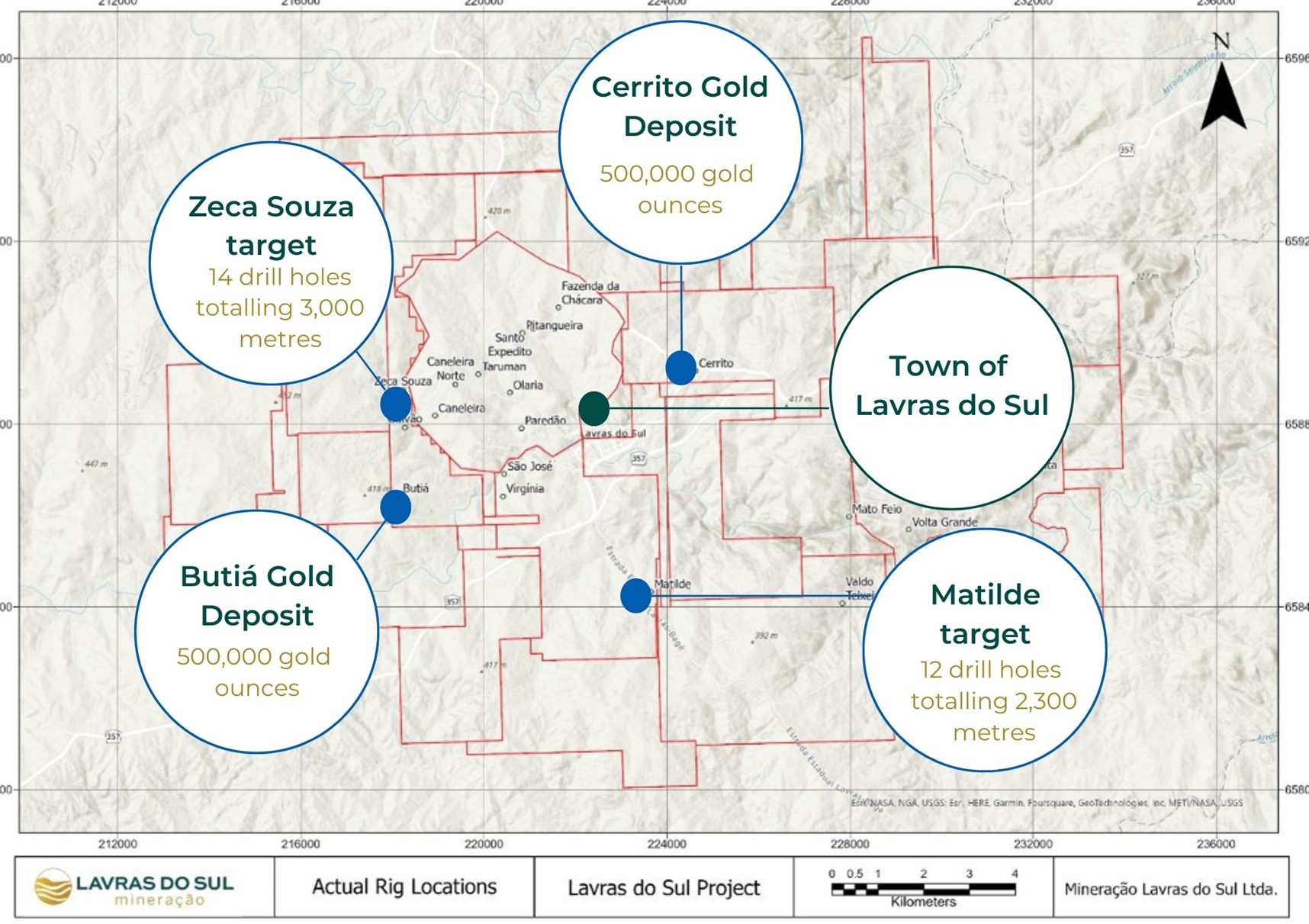 Location of Matilde relative to Butiá Gold Deposit, Cerrito Gold Deposit, the Town of Lavras do Sul, and Zeca Souza. Red lines indicate gold mineral rights controlled by Lavras Gold.