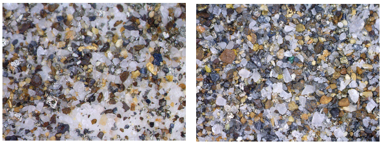 Left image – microscopy photo of panned Knelson concentrate. Right image – HG composite Panned Knelson concentrate. Seen in the images are the grains of visible gold, electrum, and copper bearing minerals, likely covellite, malachite and azurite. Copper minerals are in generally low abundance and not deleterious to recovery.