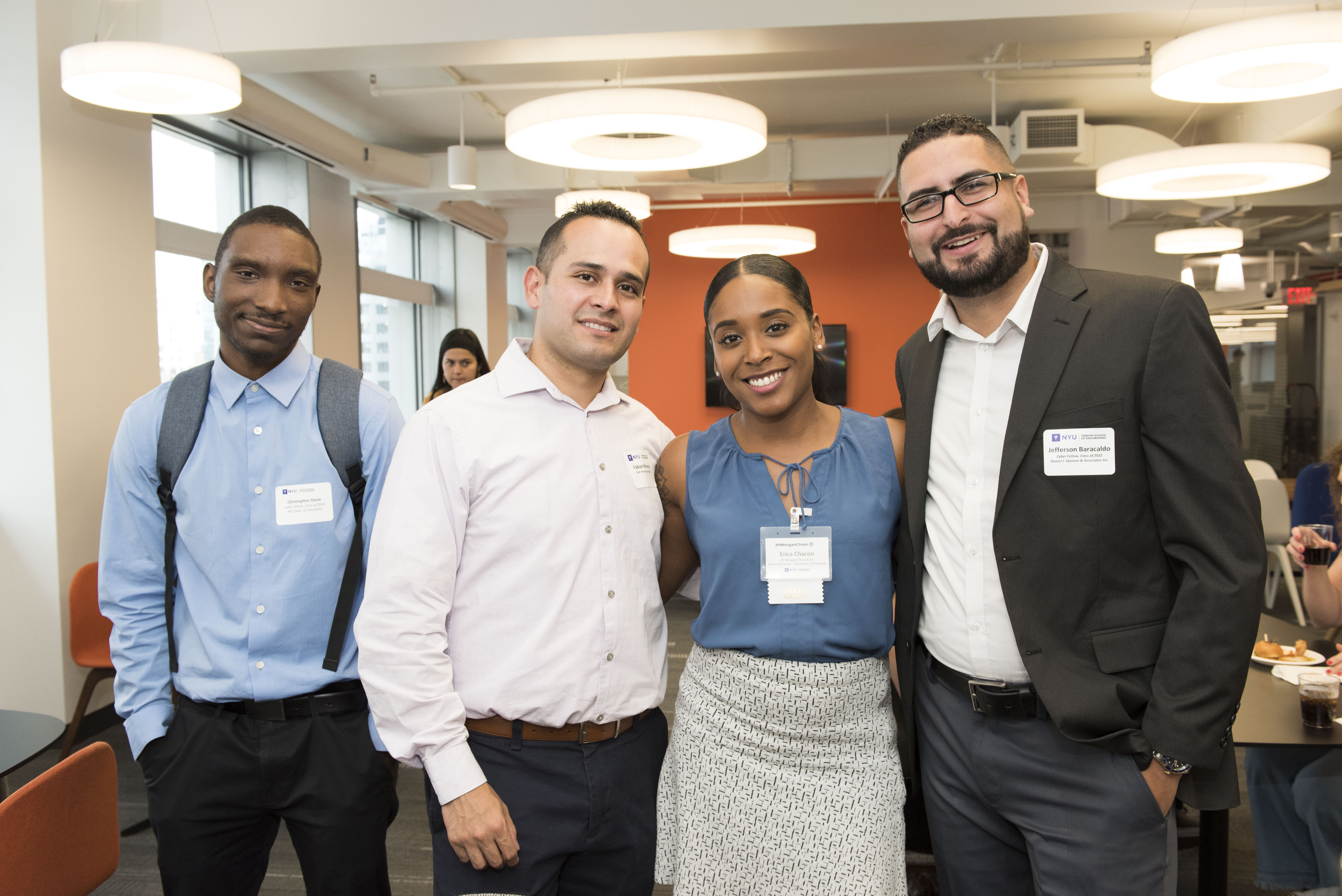 The welcome reception for the second cohort of the NYU Cyber Fellows gave executives and students opportunities to discuss internship and career opportunities. Left to right: Cyber Fellows Christopher Desir, Fabian Moreno and Jefferson Baracaldo, with JP Morgan Chase Senior Recruiter Erica Chacon (center)

Credit: NYU Tandon: Elena Olivo