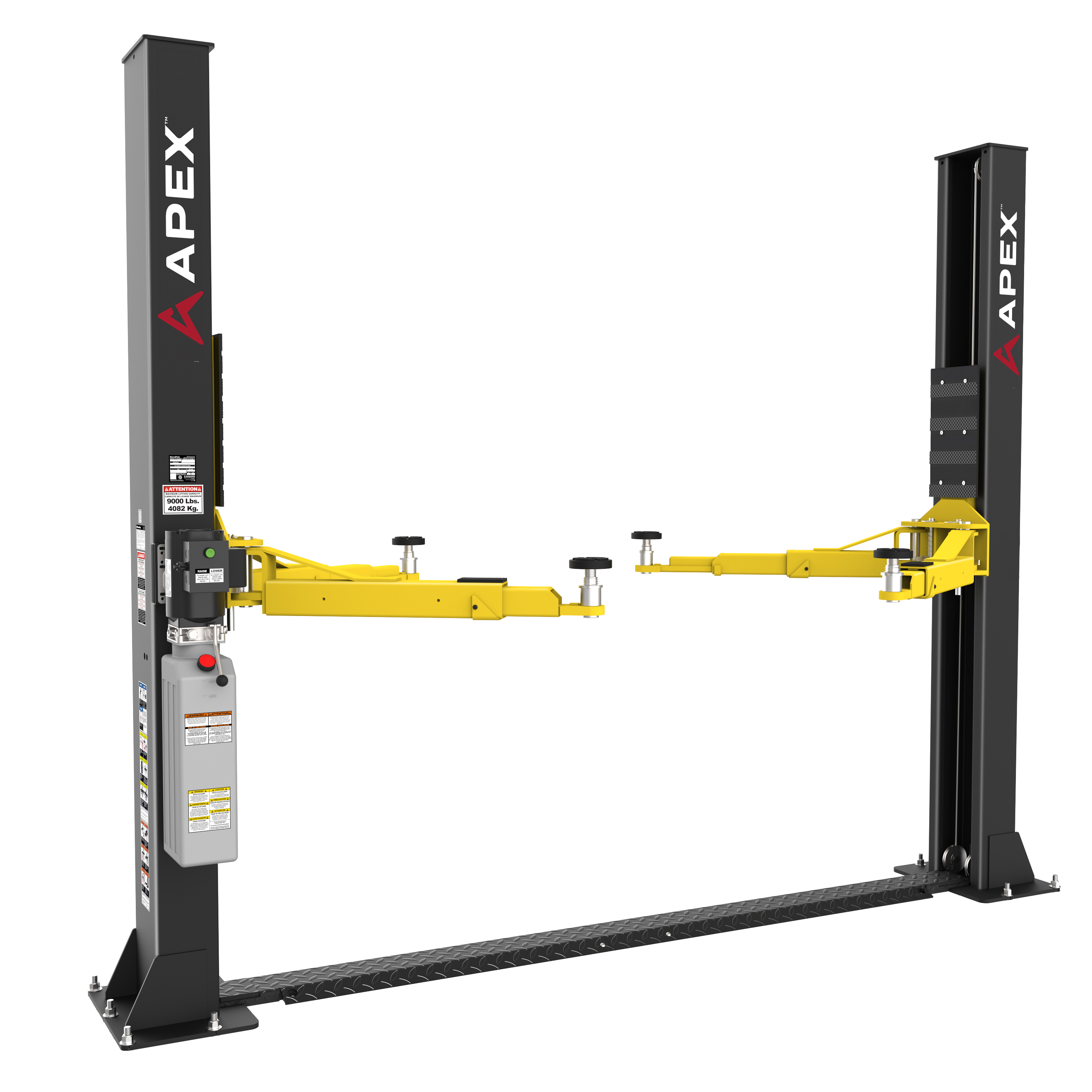 The APEX by BendPak AL9LC two-post floorplate car lift showing its low-ceiling profile design without a top crossbar. 