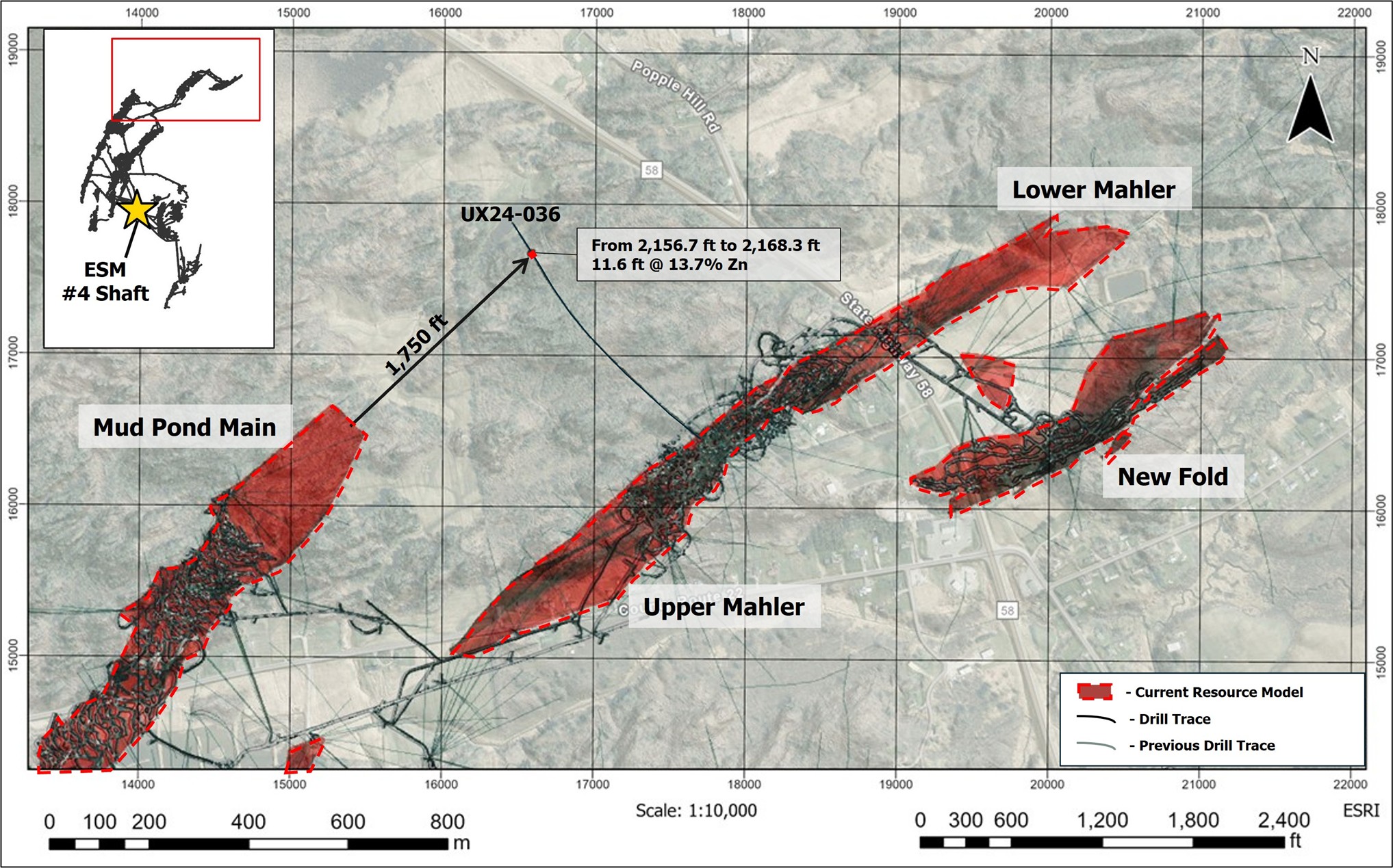 Map showing the intercept in UX24-036 relative to the current resource model extents. 
