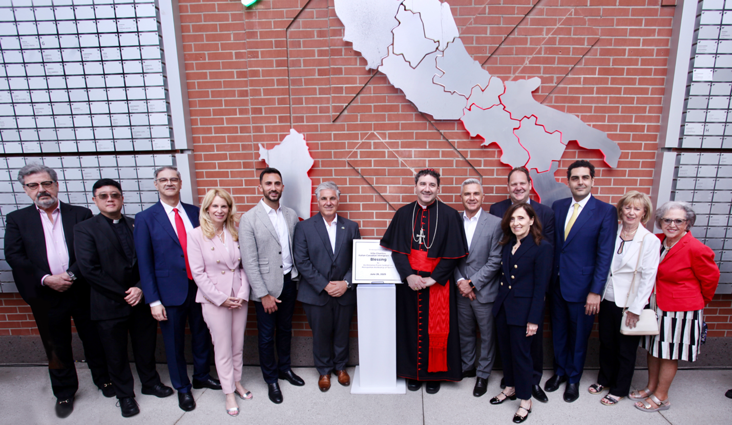 From (L to R) Aldo Cundari, Marketing Executive and Board Director, Villa Charities Foundation; Father Arthur Lee, Priest Secretary, Office of the Archbishop; Luca Zelioli, Consul General of Italy in Toronto; Michelle Cooper, Parliamentary Assistant to the Minister of Finance and MPP for Eglinton-Lawrence; Hon. Stephen Lecce, Ontario Minister for Energy and Mines and MPP for King-Vaughan; Marco DeVuono, President and CEO, Villa Charities Inc; His Eminence, Frank Cardinal Leo, Metropolitan Archbishop of Toronto, Joseph Arcuri, Board Chair, Villa Charities Inc.; Mary Pompili, Vice President, Marketing and Communications, Villa Charities Inc.; Hon. John Zerucelli, Secretary of State (Labour) and MP for Etobicoke North; Vince Gasparro, Parliamentary Secretary to the Secretary of State (Combatting Crime) and MP for Eglinton-Lawrence; Hon. Judy Sgro, MP for Humber River-Black Creek; and Angela Gauthier, Tribute Projectdonor and Board Chair, Villa Colombo Homes for the Aged Inc.