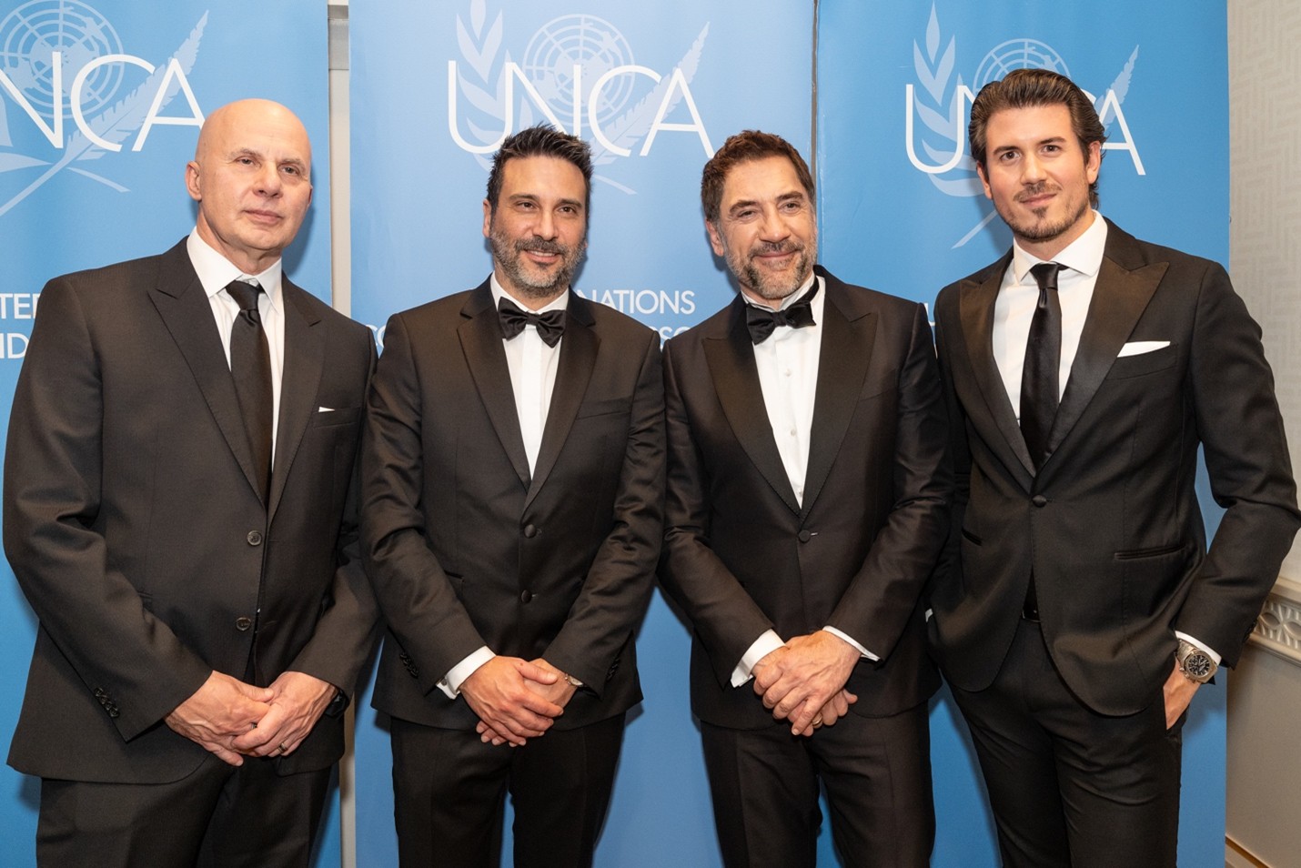 Left to Right: Cesare Frepoli - Co-Founder & Chief Operating Officer at Terra Innovatum, Alessandro Petruzzi – Co-Founder & Chief Executive Officer at Terra Innovatum, Javier Bardem – Actor, Activist, Greenpeace Ambassador, Giordano Morichi – Founding Partner, Chief Business Officer & Investor Relations at Terra Innovatum during 2025 UNCA Awards at the Delegates Lounge of the United Nations Headquarters