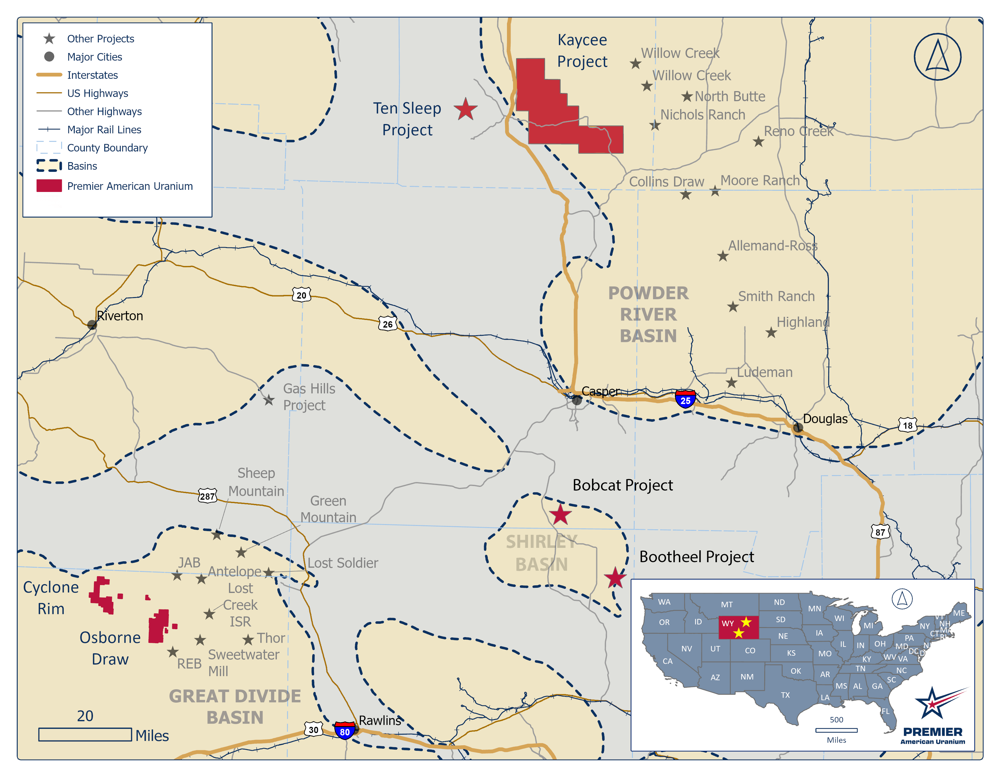 PUR’s Wyoming exploration portfolio, highlighting the Kaycee Project in the Powder River Basin and the Cyclone Project in the Great Divide Basin.