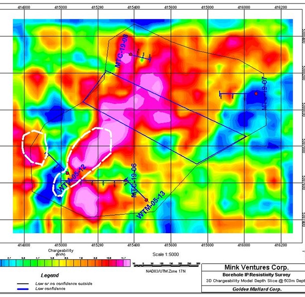 Montcalm - 3D Borehole IP Resistivity Plan 500 Meter Level (Target Area - White Dashed Line)