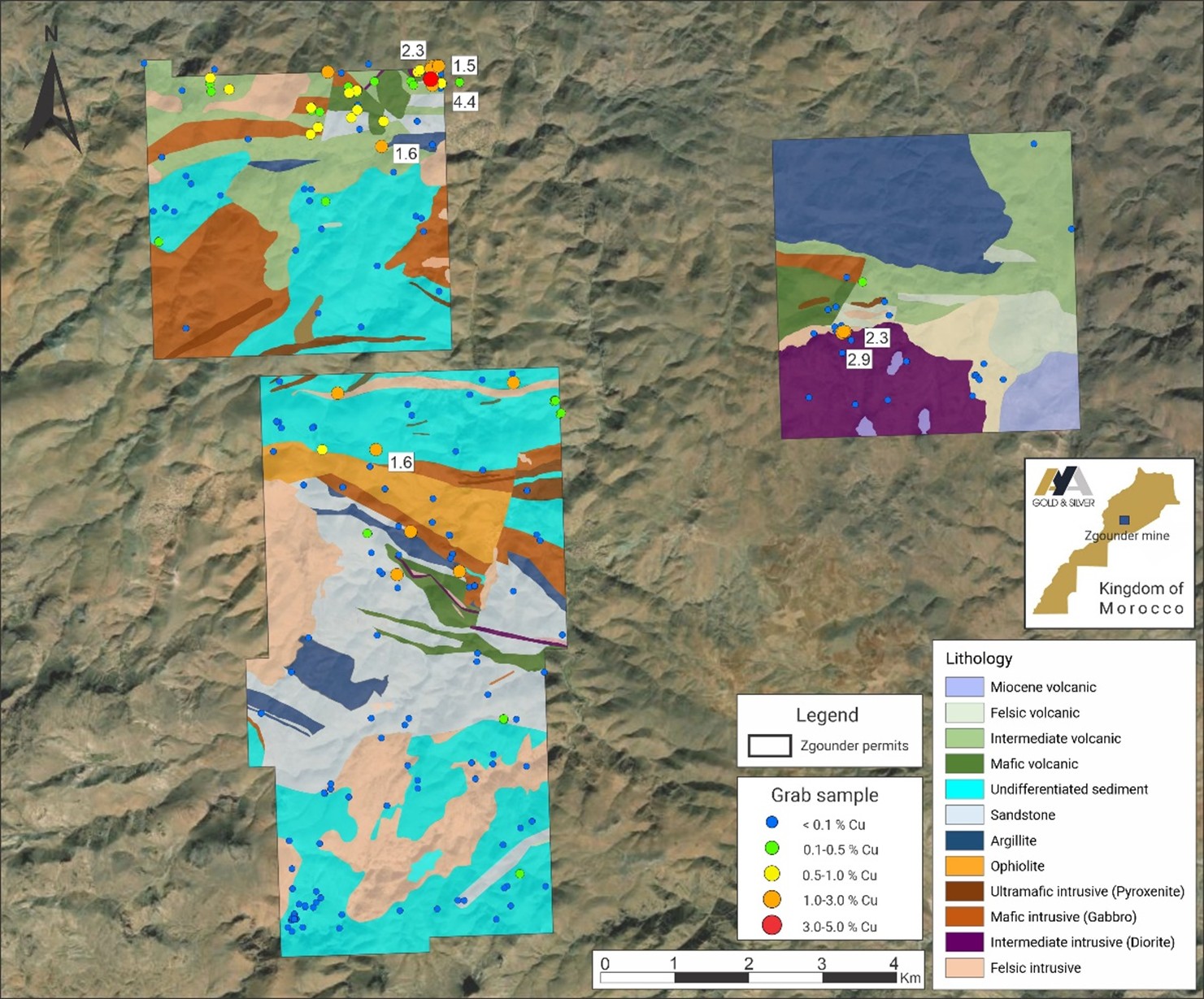 Surface Map of Zgounder Far East with Simplified Geology and Cu Grab Samples