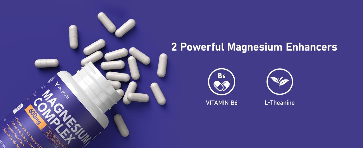 ViVi Youth magnesium complex features two powerful enhancers  vitamin B6 and L-theanine for relaxation and wellness support.