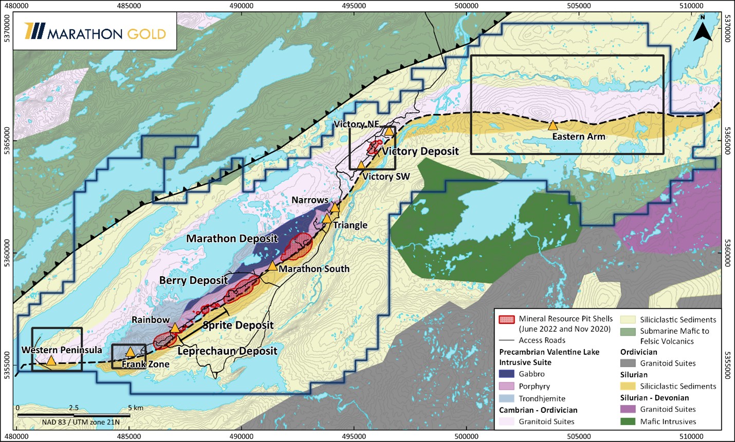 Location Map Showing Exploration Targets and Mineral Deposits, Valentine Gold Project