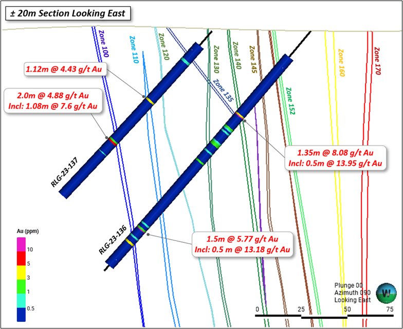 Rowan Mine drill section for Holes RLG-23-136 and RLG-23-137.