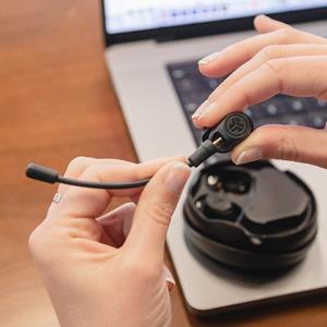 The new JLab Work Buds feature a lightweight detachable noise-canceling boom mic that provides optimal voice pick-up for phone calls, video chats, and other situations where microphone clarity is important.