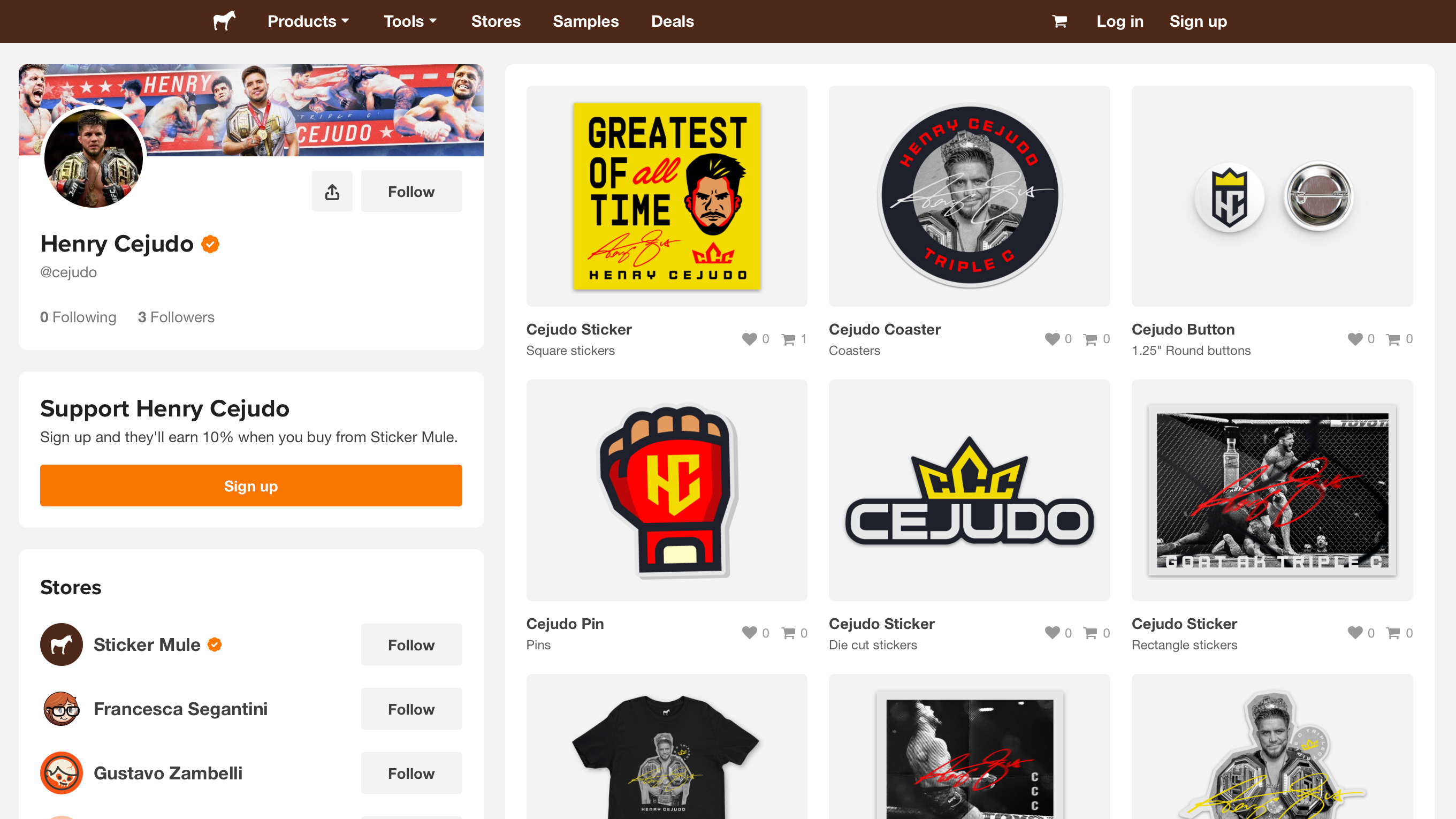 Fans of UFC Champion and Olympic Gold Medalist Henry Cejudo can purchase his merchandise, including stickers, coasters, buttons, and more.