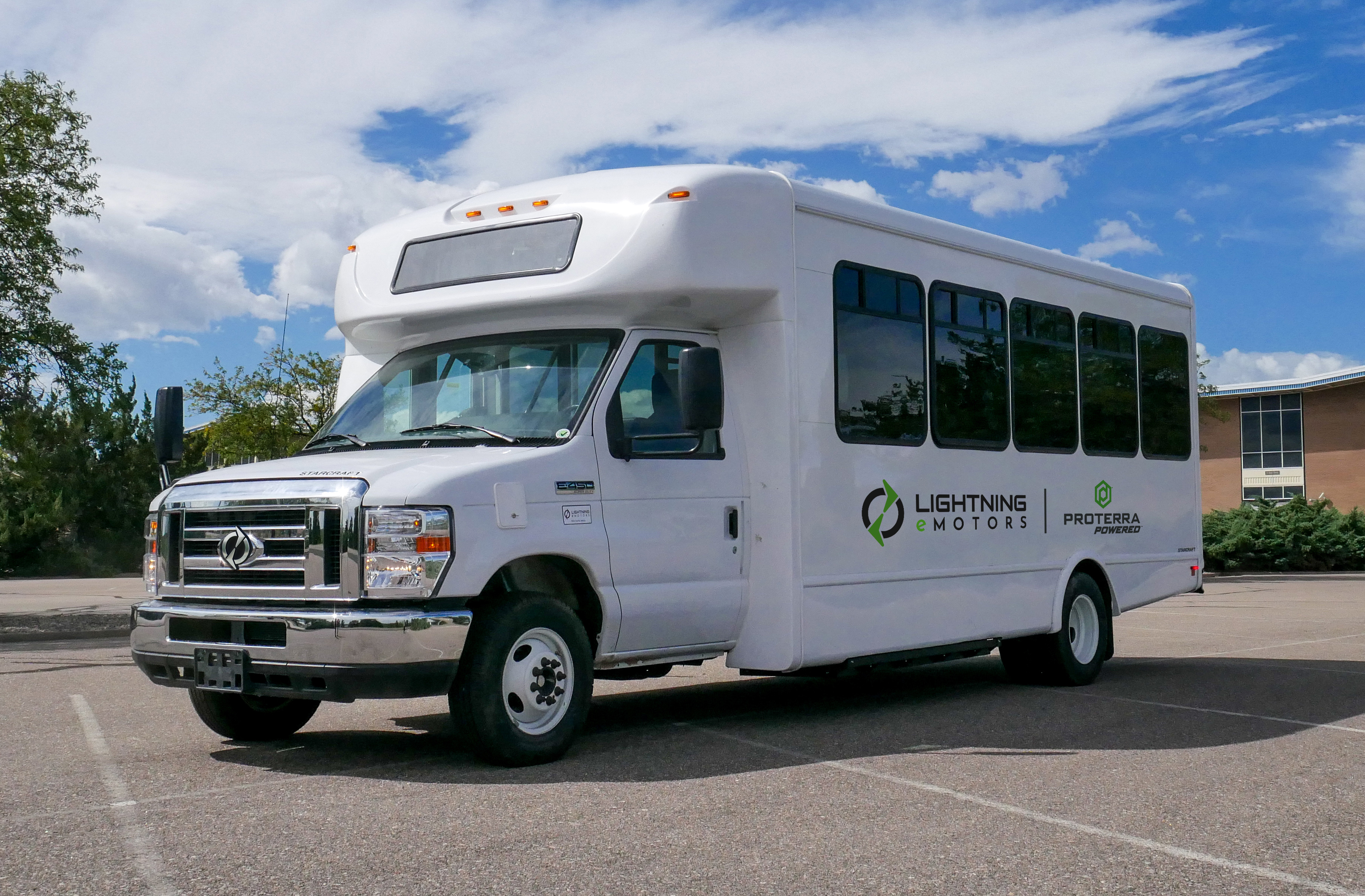 A Lightning Electric E-450 shuttle bus