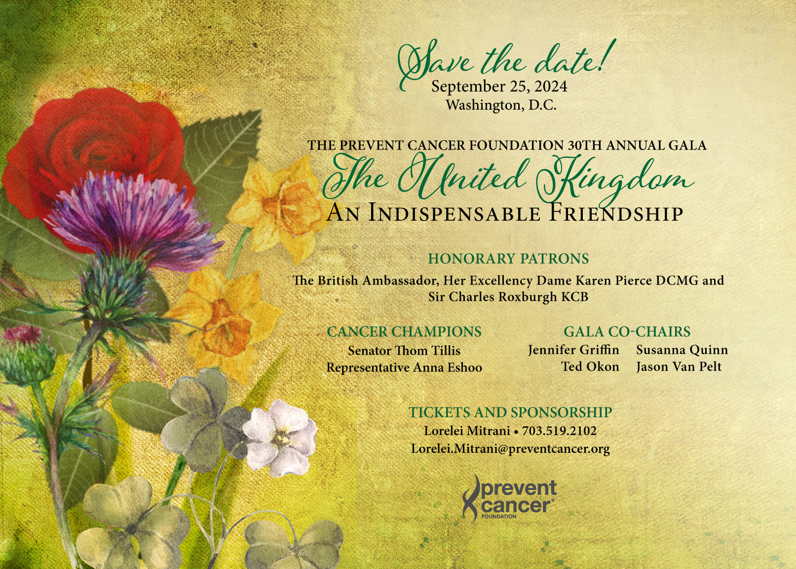 Save the date for the Prevent Cancer Foundation's 30th Annual Gala, honoring the United Kingdom.