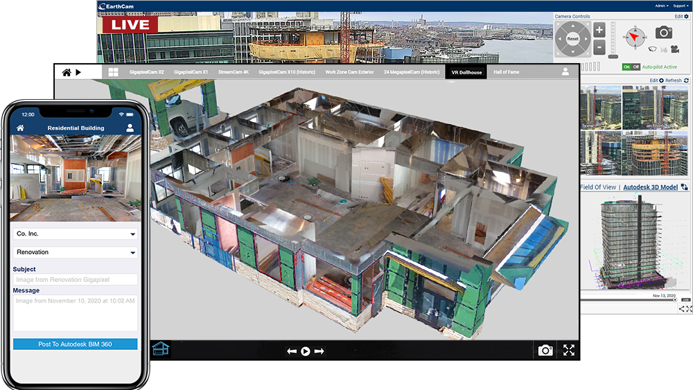 EarthCam's VR Dollhouse view, created by merging 360° photo content with Navisworks or Revit models.
