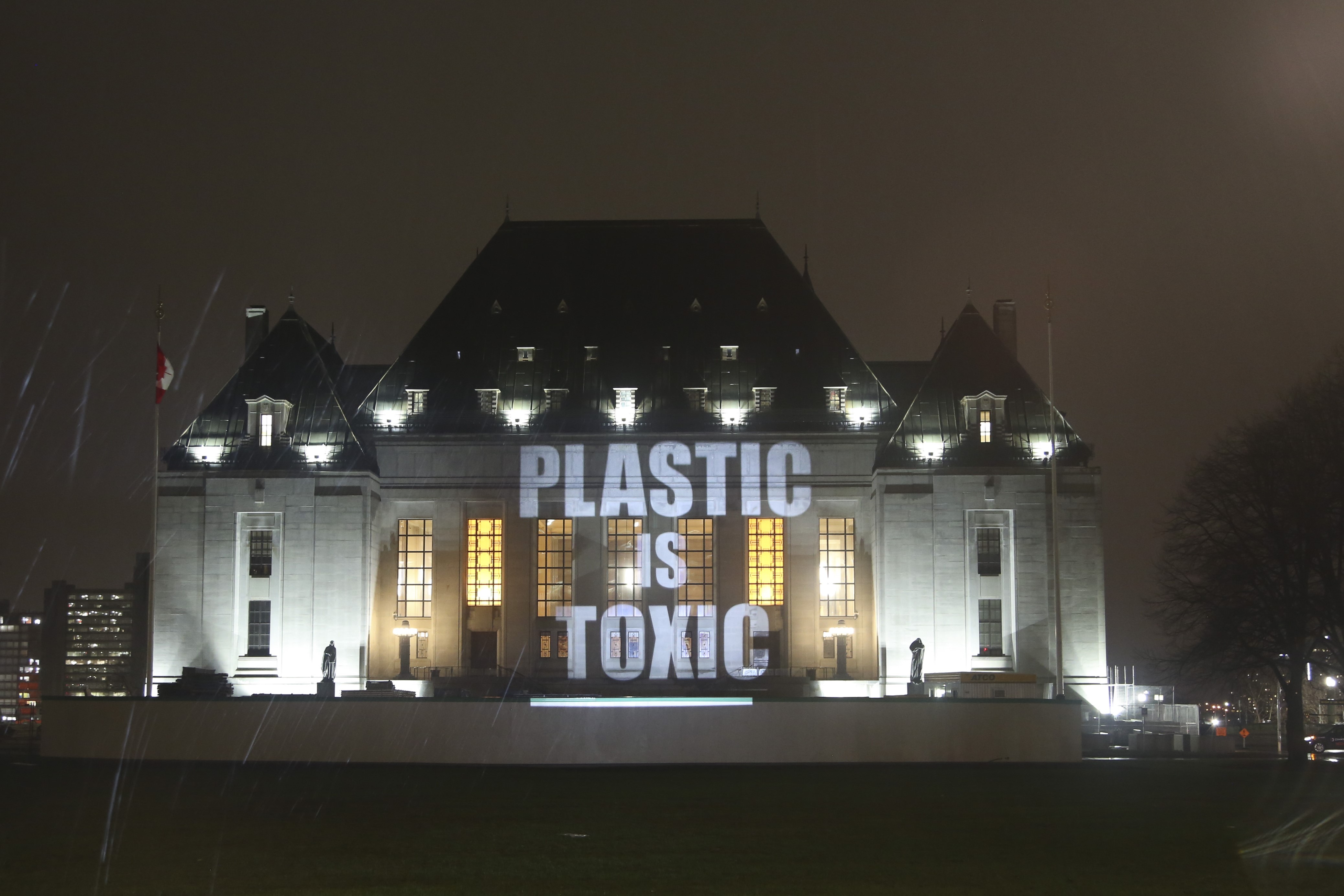 "Plastic is Toxic” is projected on the Supreme of Canada, on Monday, April 22, 2024 by Oceana Canada and EARTHDAY.ORG. The illuminated message urges global leaders to negotiate a strong, legally-binding treaty to end plastic pollution.