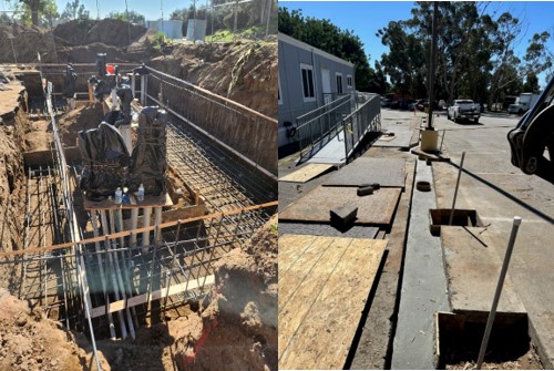 Trenching during (left) and after (right) with conduit and wiring in place.