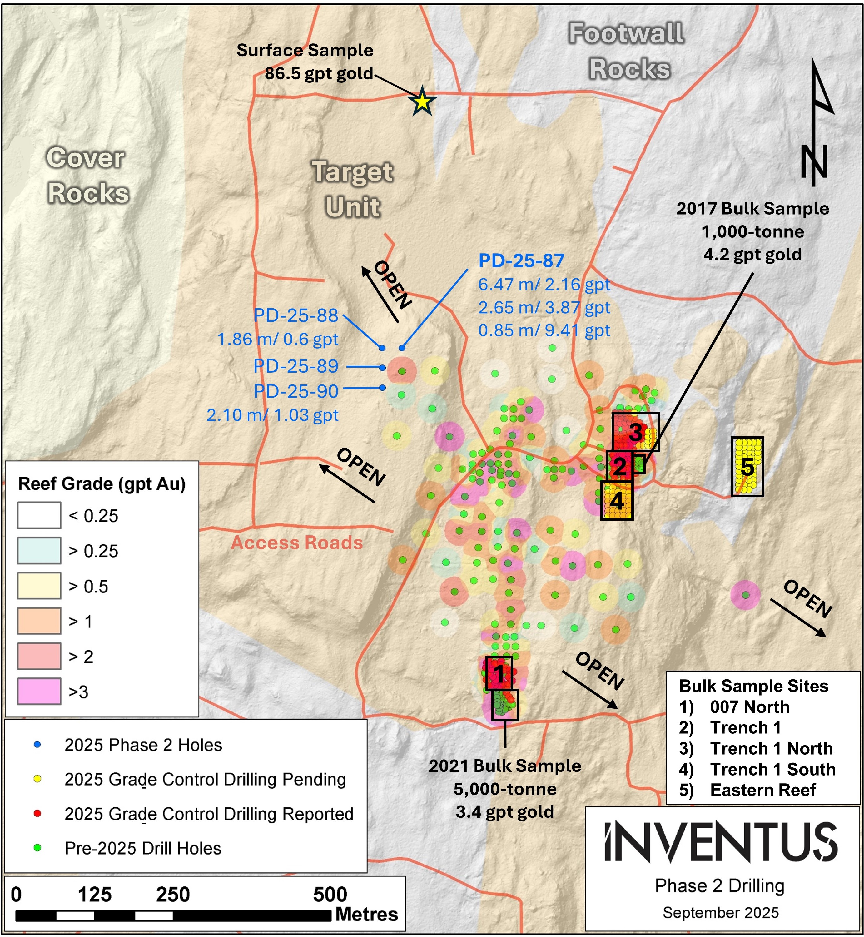 Figure 2. Plan map illustrating the gold grade (gpt Au) of the approximately 2-metre-thick gold-bearing reef at the Pardo project with Lidar background. Locations of the planned and previous bulk sampling sites outlined with black boxes. image