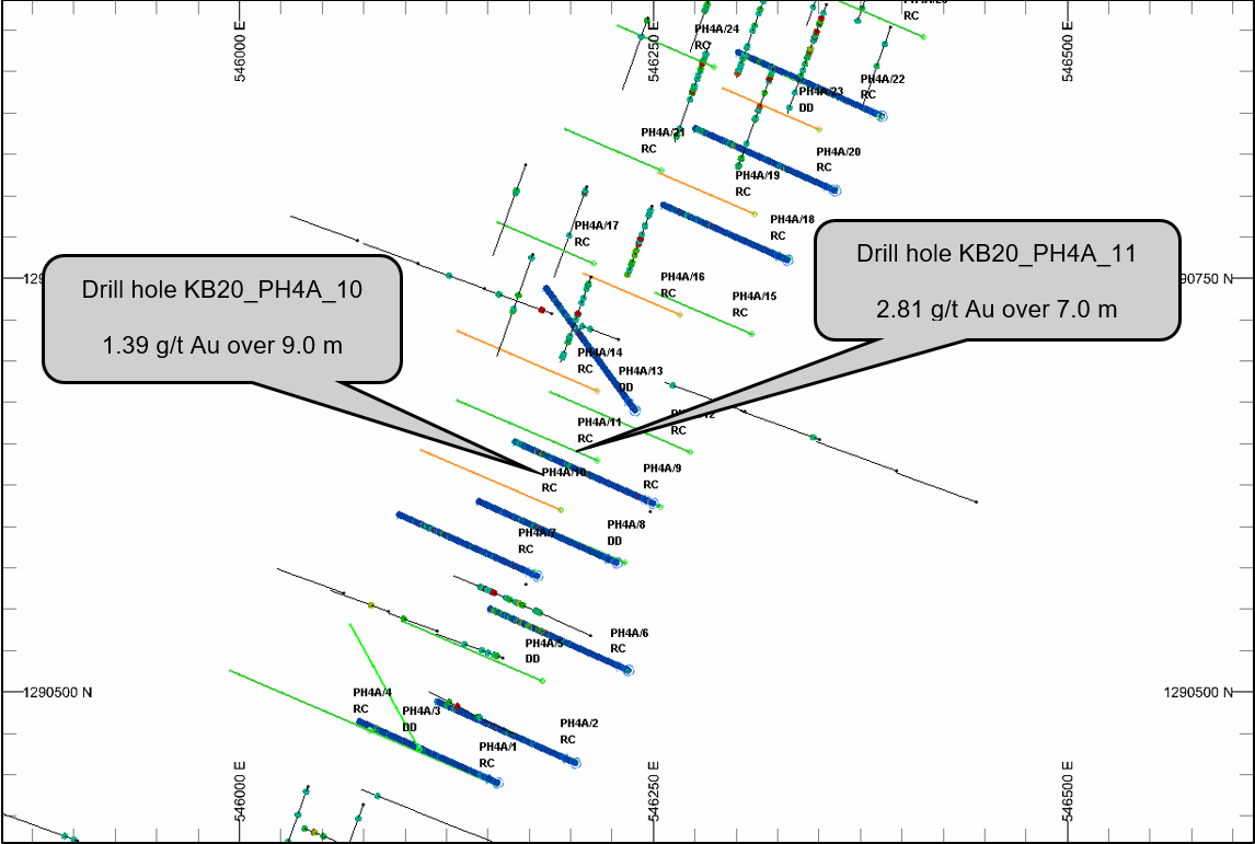 Plan view of drilling campaign at Kobada. Solid lines represent holes drilled to date.