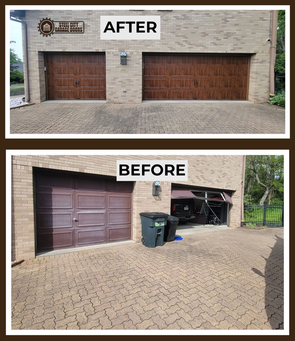 A before-and-after look at a residential garage door project completed by Steel City Garage Doors in the Pittsburgh, PA area. The installation replaced damaged and outdated garage doors with new wood-look garage doors, improving the home’s appearance, functionality, and security while demonstrating the company’s residential garage door installation services.