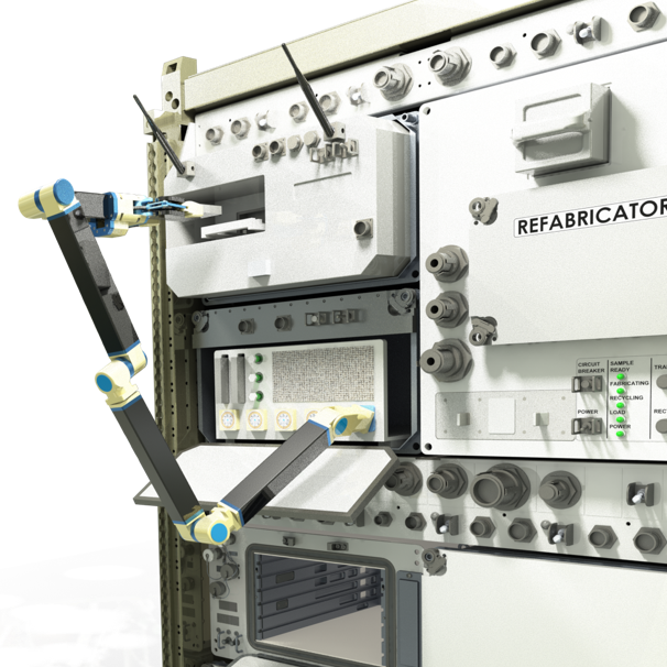 An artist’s conception shows a Mantis robotic arm at work on Tethers Unlimited’s Refabricator 3-D printer and recycler. (Tethers Unlimited / Olis Robotics Illustration)