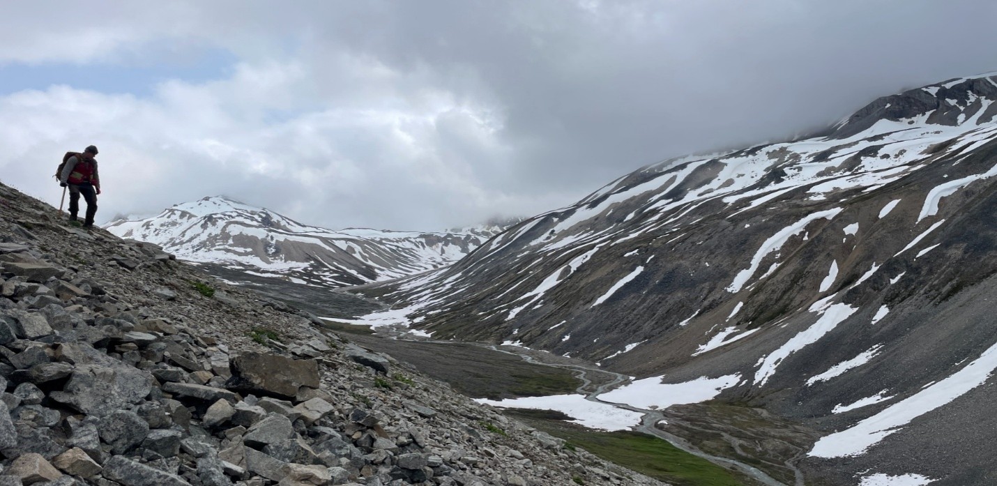 View looking south across the primary exploration valley at the Three Guardsmen Project, Yukon, where the 2026 induced polarization (