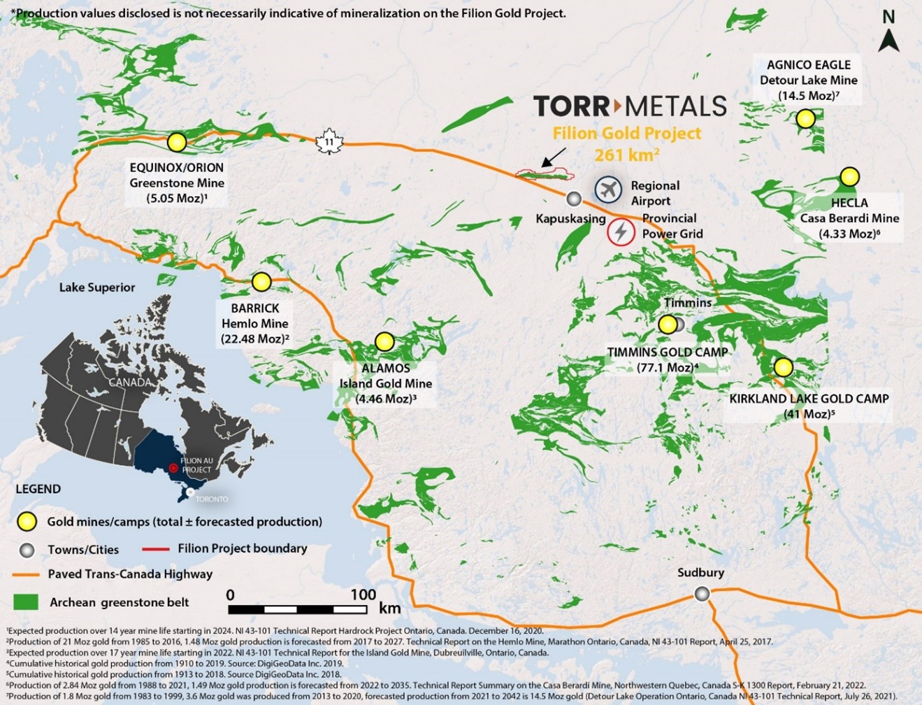 Located on the margins of the Wawa subprovince of northern Ontario, Figure 1 includes the positions as well as total historical and forecasted production of major regional gold mines within established gold-endowed greenstone belts of the Wawa, Wabigoon, and Abitibi subprovinces.
