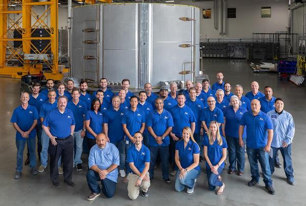 The ITER Central Solenoid team in front of the first module. The module will now undergo rigorous testing before being prepared for shipment to France. Courtesy of General Atomics.  