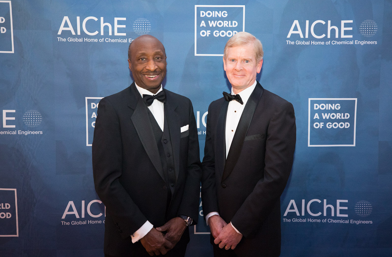 Merck & Company, represented by Chairman and Chief Executive Officer Kenneth C. Frazier (left), and Procter & Gamble Company, represented by Chairman, President and Chief Executive Officer David S. Taylor (right), received honors at the 2019 AIChE Gala, December 3 in New York City. Photo: Hassan Mokaddam, HMPhotoshoots