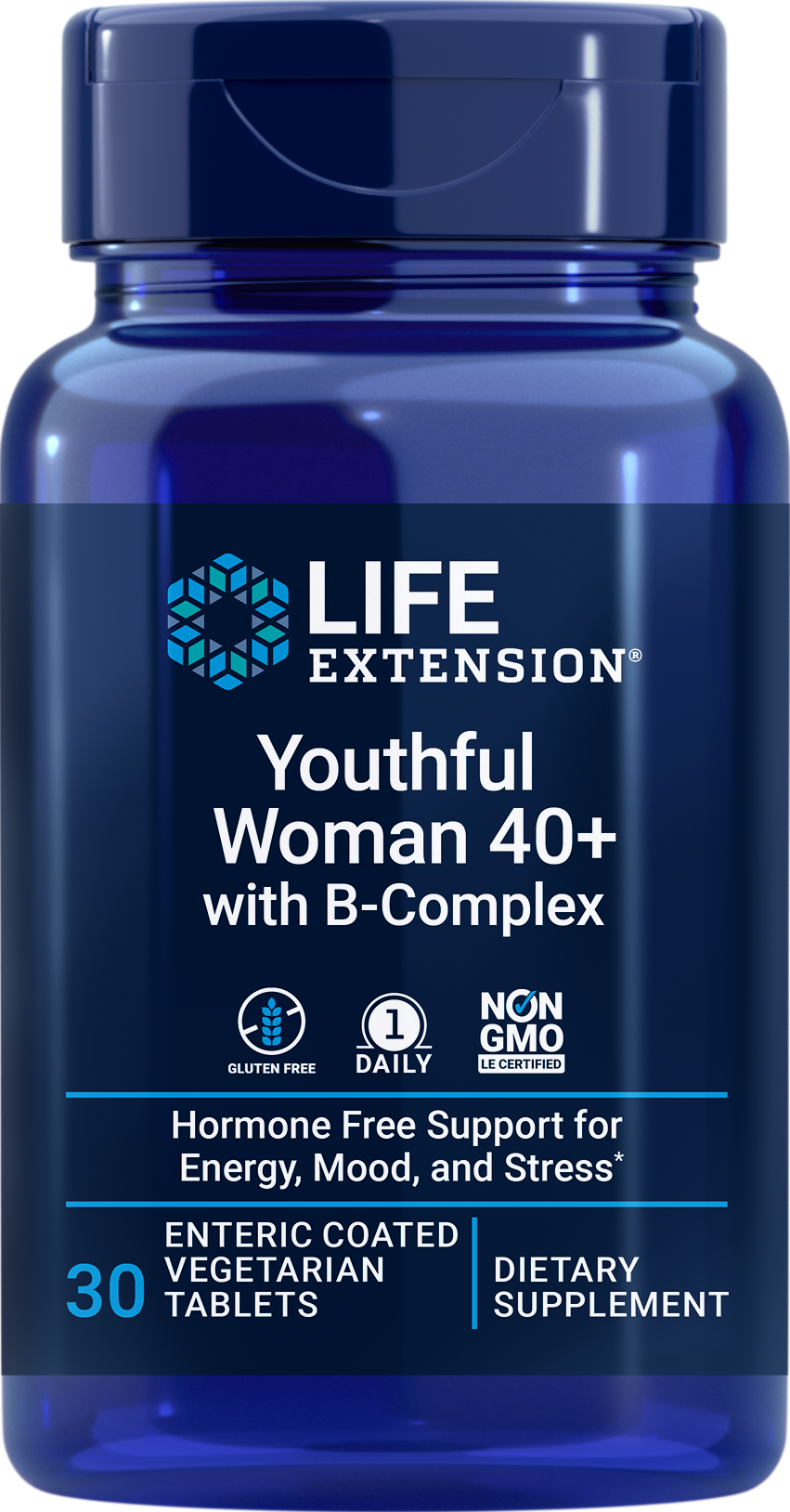 Life Extension new supplement Youthful Woman with 40 plus with B Complex nonGMO hormone free support for energy mood stress item 02507