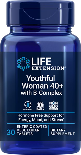 Life Extension new supplement Youthful Woman with 40 plus with B Complex nonGMO hormone free support for energy mood stress item 02507