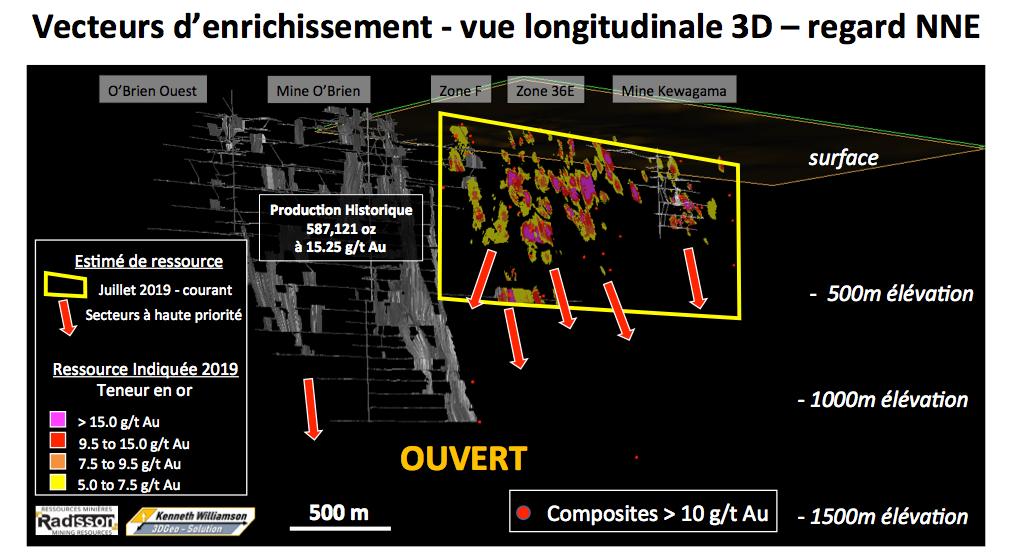 Projet aurifère O'Brien Vecteurs d'enrichissement - Vue longitudinale 3D 