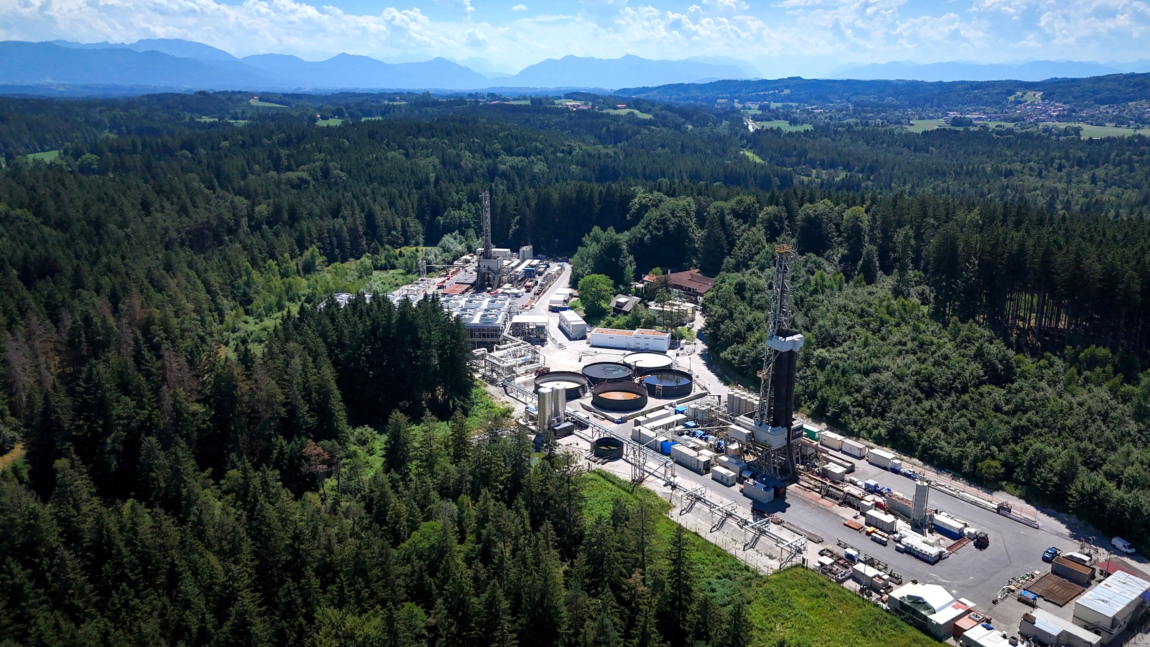 Geretsried Germany, an Aerial photo showing the geothermal project site surrounded by trees