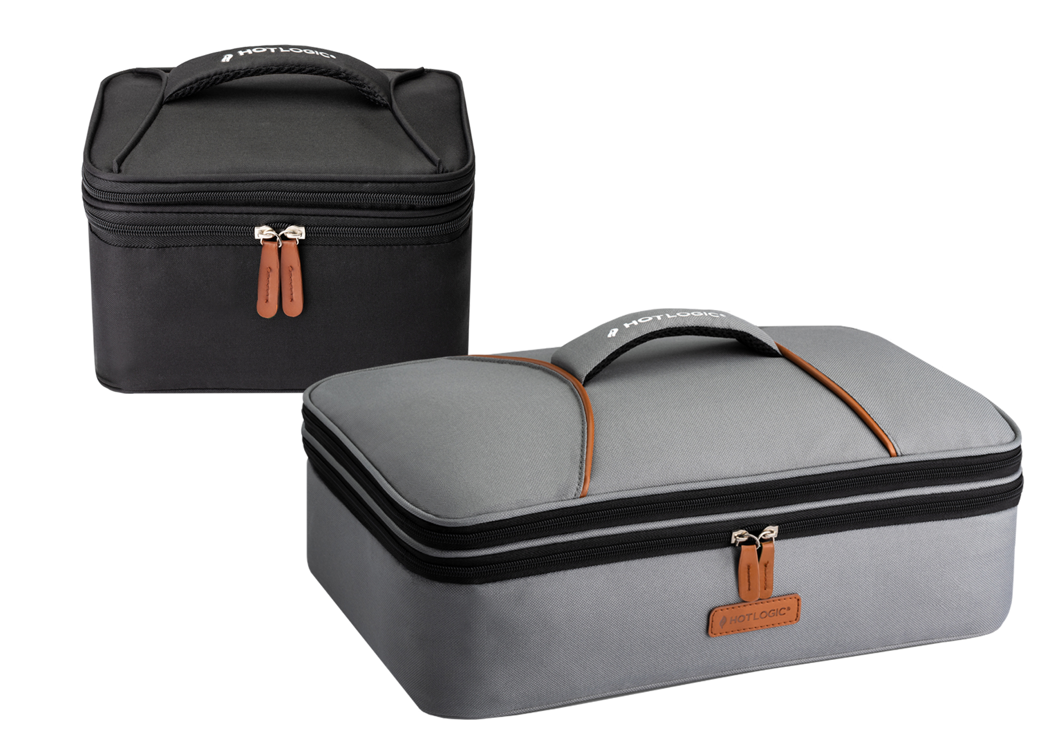 HOTLOGIC Mini and Max Ovens XP offer a new built-in expandable insulated carrying bag with the added convenience and room to store non-perishable items, condiments and paperware on top with the same HeatDeck™ Technology on the bottom. Features extra padded handles for easy carrying and added leather details. 

The Mini XP is also available in a 12V model, a favorite for commuters, camping, homegating/tailgating and weekend rentals (Available in seven colors). The Max XP comes in a 9" x 13" and is ideal for larger serving sizes and all types of gatherings (Available in six colors and prints).
