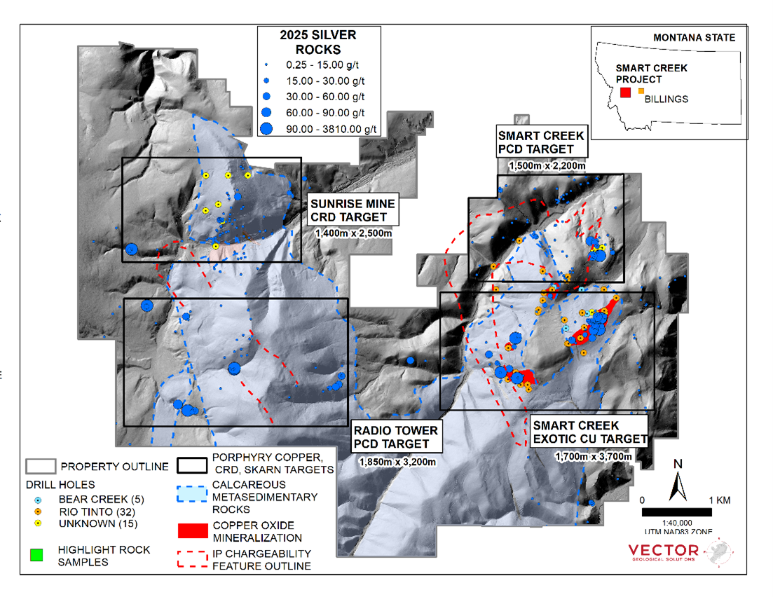 Property location, favourable host rocks, IP targets, magnetic features and Surface rock sampling results (grab and composite grab samples) from the 2025 surface rock sampling program at the Project including silver geochemistry(3) 