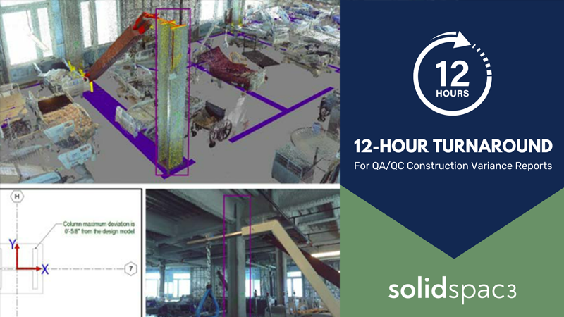 Solidspac3 QA/QC Construction Variance Reports enable commercial construction teams to accurately and efficiently compare design models to reality capture laser scans, reporting on construction installation variances as they occur.