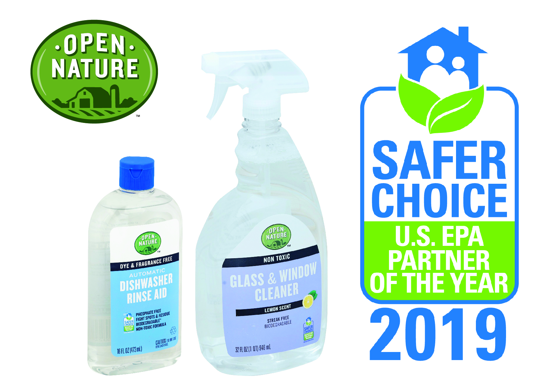 Albertsons Companies' Open Nature Glass & Window Cleaner and Open Nature Dishwasher Rinse Aid are two of the Safer Choice-certified products that helped the company win the U.S. EPA's Safer Choice Partner of the Year Award. 