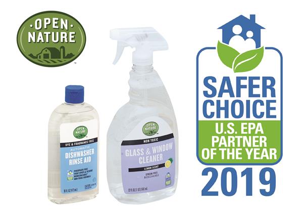 Albertsons Companies' Open Nature Glass & Window Cleaner and Open Nature Dishwasher Rinse Aid are two of the Safer Choice-certified products that helped the company win the U.S. EPA's Safer Choice Partner of the Year Award. 