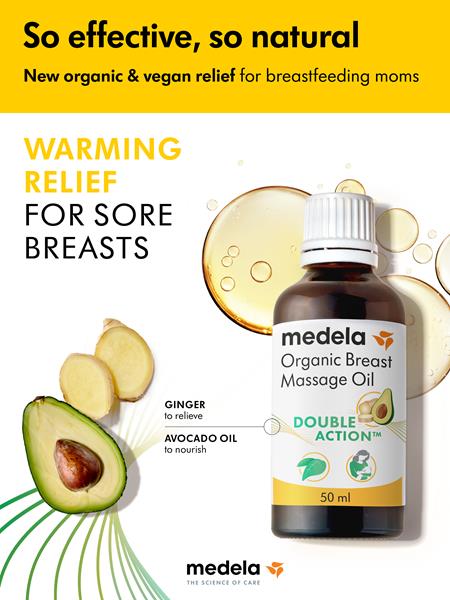 Medela launches Organic and Vegan Breast Massage Oil to provide warming relief to breastfeeding mothers with sore breasts, thanks to the nourishing and warming Double Action™ of avocado oil and ginger