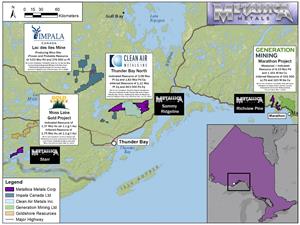 Location of Metallica Metals' Ontario projects with respect to advanced adjacent properties (please refer to footnotes below for adjacent property references)