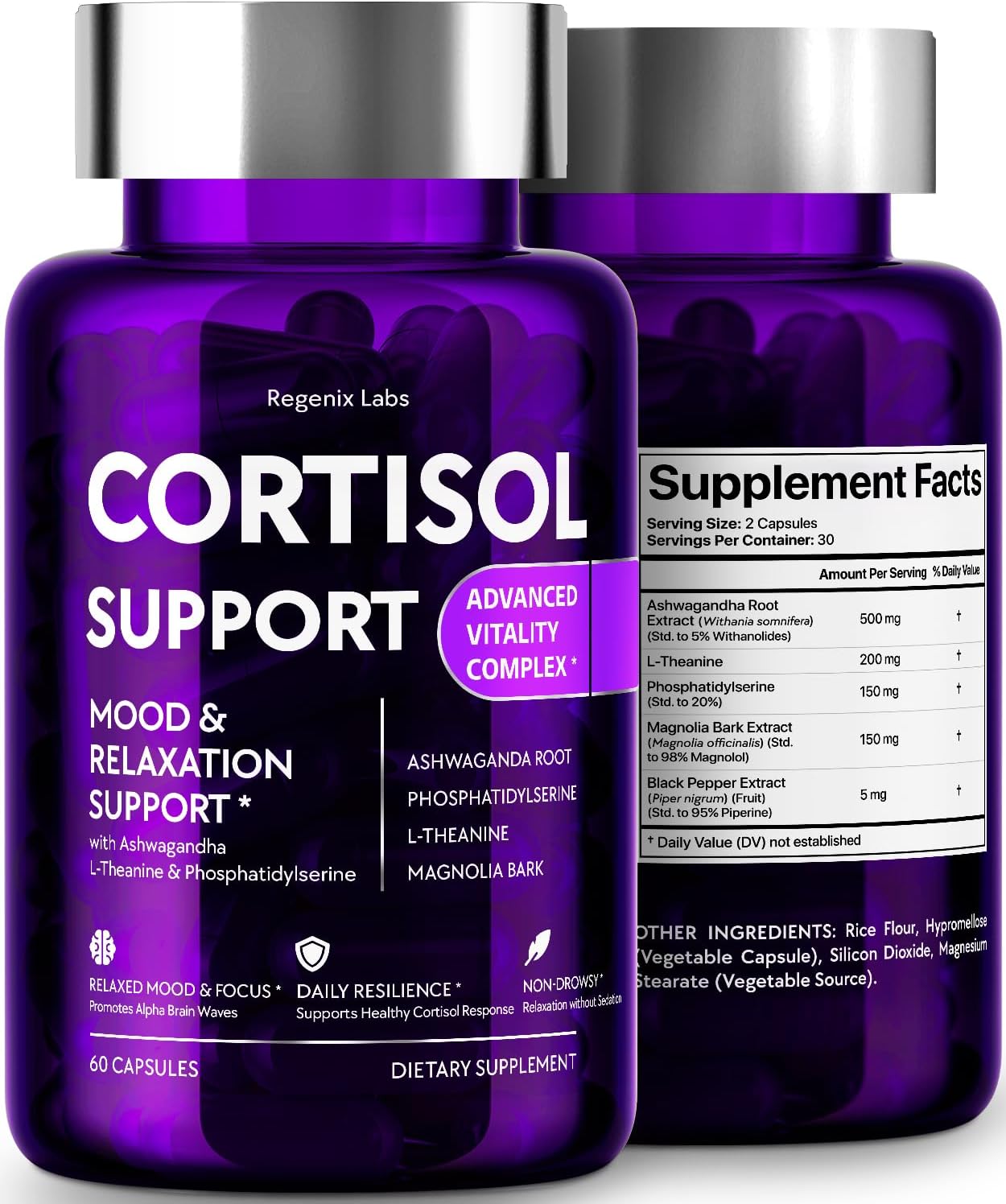 Regenix Labs Cortisol Support Supplement Facts panel and ingredient blend.