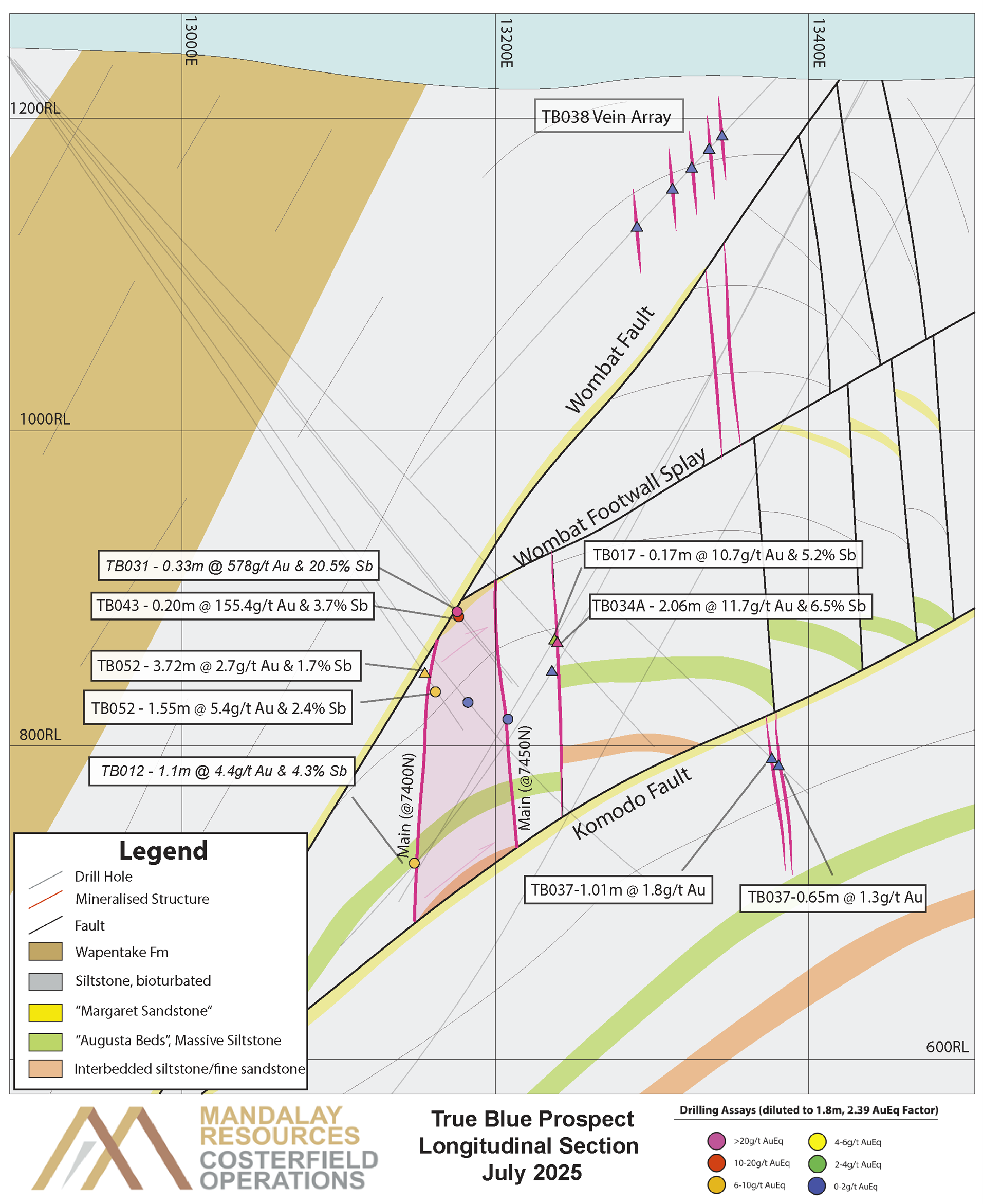 Cross section through 7450N of the True Blue deposit showing the relationship between the main and eastern structures, the position of panel-bounding thrust faults; and the relative position of other mineralized vein systems intersected including the veining observed below the Komodo Fault in TB037. 