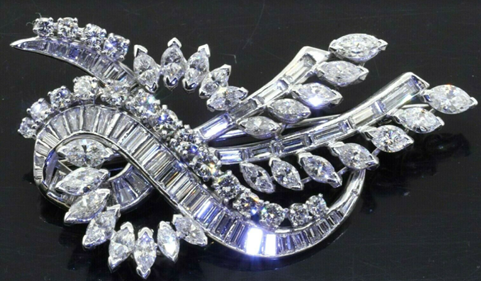 Heavy Platinum 6.25CTW VS1/F diamond cluster floral ribbon brooch. Sold for $4,739 at last week’s SFLMaven Famous Thursday Night Auction