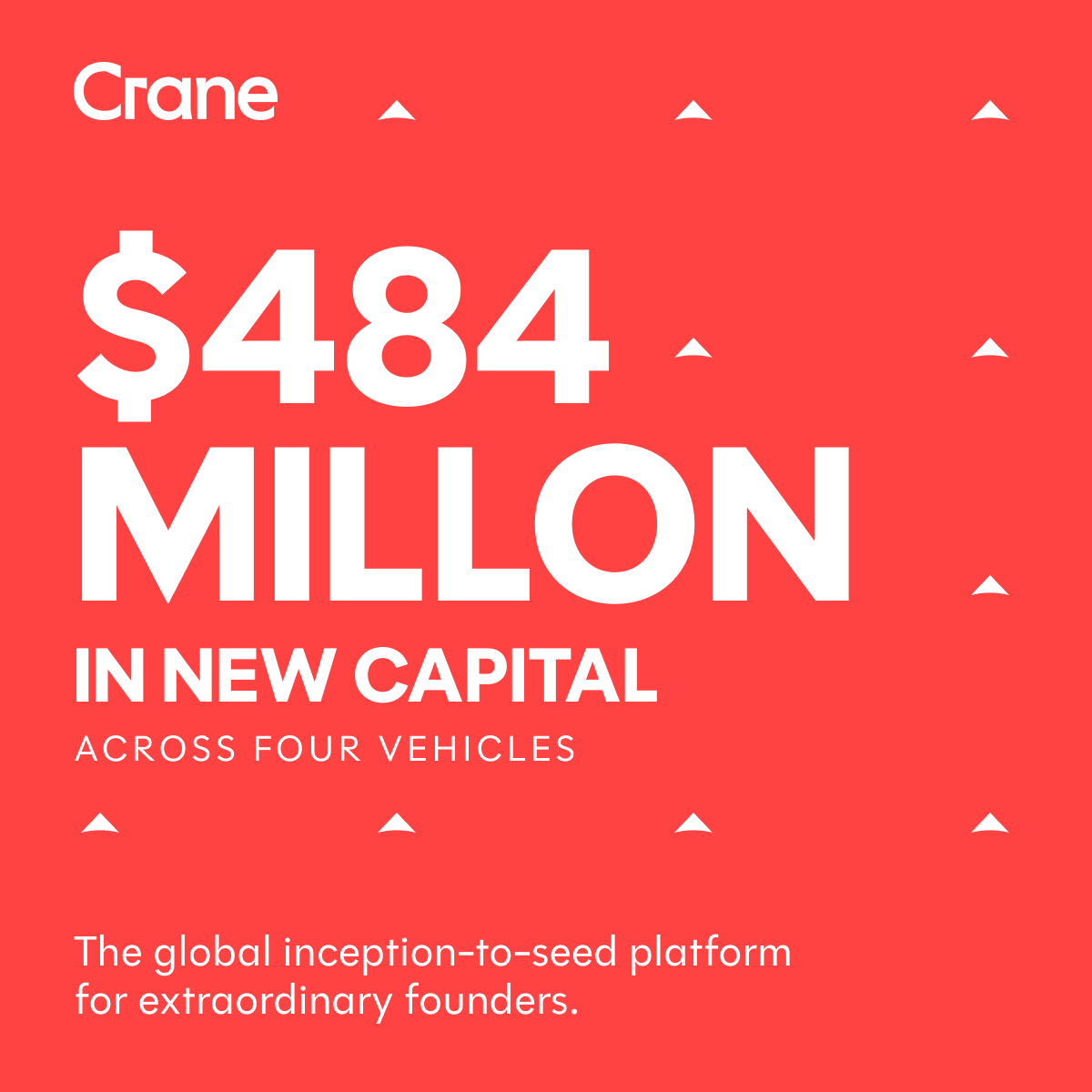 Crane Venture Partners graphic announcing $484 million in new capital across four investment vehicles for its global inception-to-seed platform.