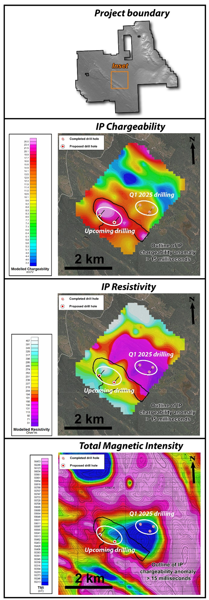 Maps showing three drill holes completed in February/March of 2025 and two proposed holes targeting chargeability highs outlined in an IP survey completed subsequent to initial drilling. IP depth slices at -300 m.
