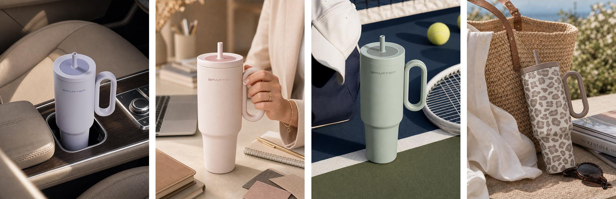 Travel mug collection featuring SnapSip tumblers in multiple colors for driving, work, and outdoor activities