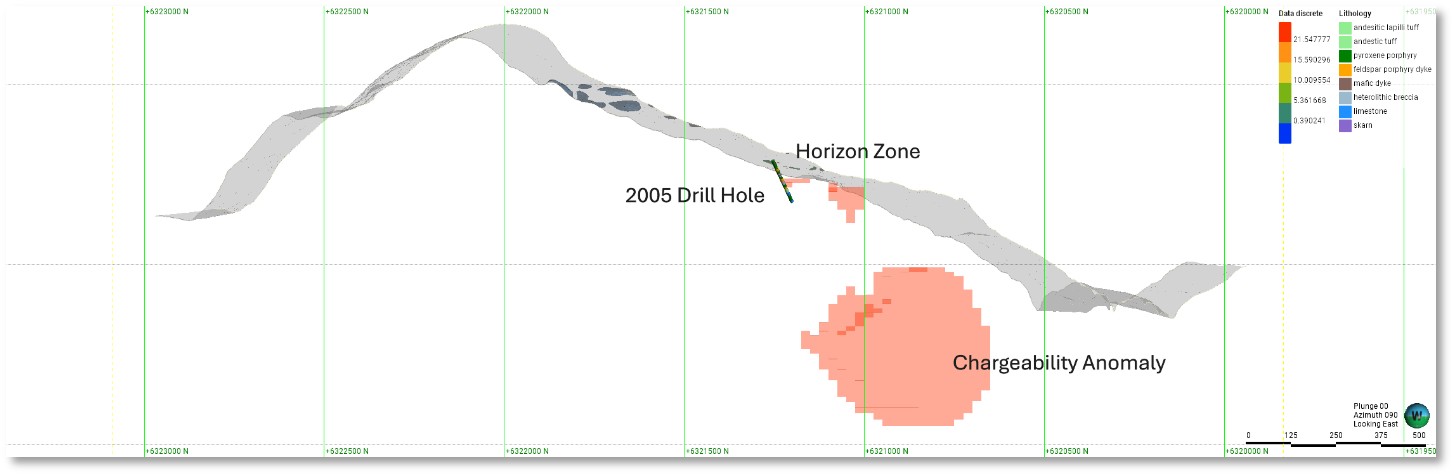Leapfrog Vertical Cross Section of the DCIP Chargeability Anomaly (looking east). 