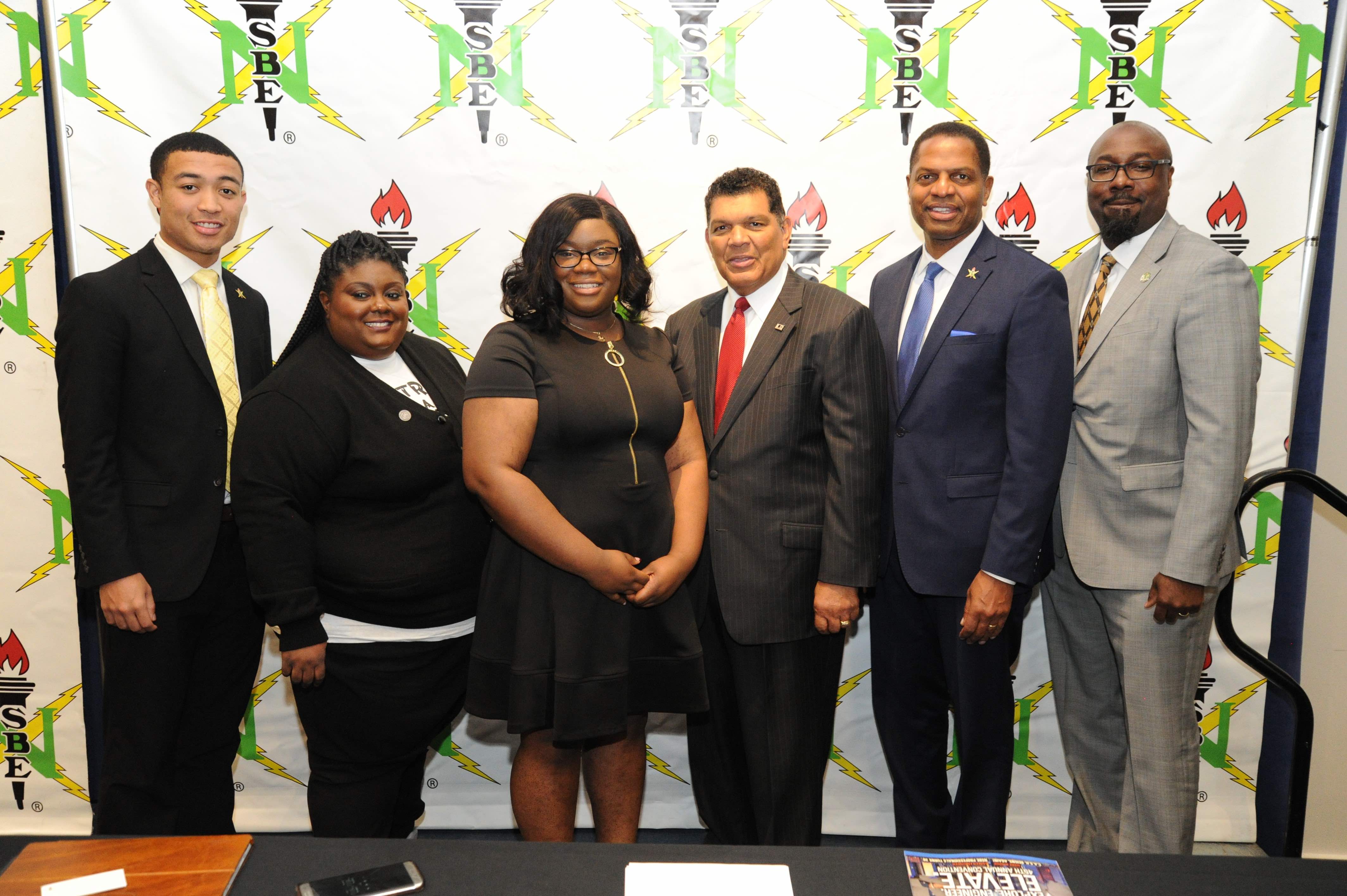From left to right: Julius Page, National Secretary; Alanna Tremble-Winfrey, Annual Convention Planning Committee Chair; Niasia Williams, National Chair; Larry Alexander, President & CEO of the Detroit Metro Convention & Visitors Bureau; Karl Reid, Executive Director; Anthony B. Murphy, National Professionals Chair